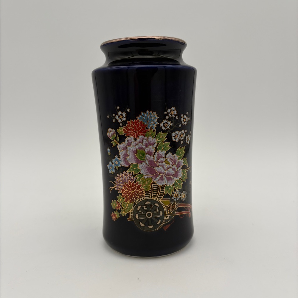 Vintage 6" Kutani Japanese Cobalt Blue Porcelian Vase Floral Cart Design